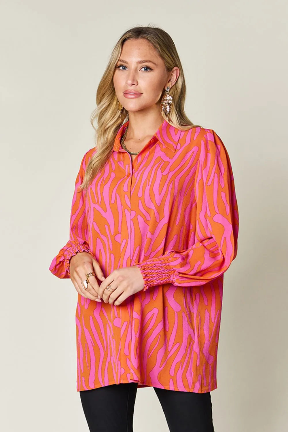 Double Take Printed Smocked Long Sleeve Blouse, view 27