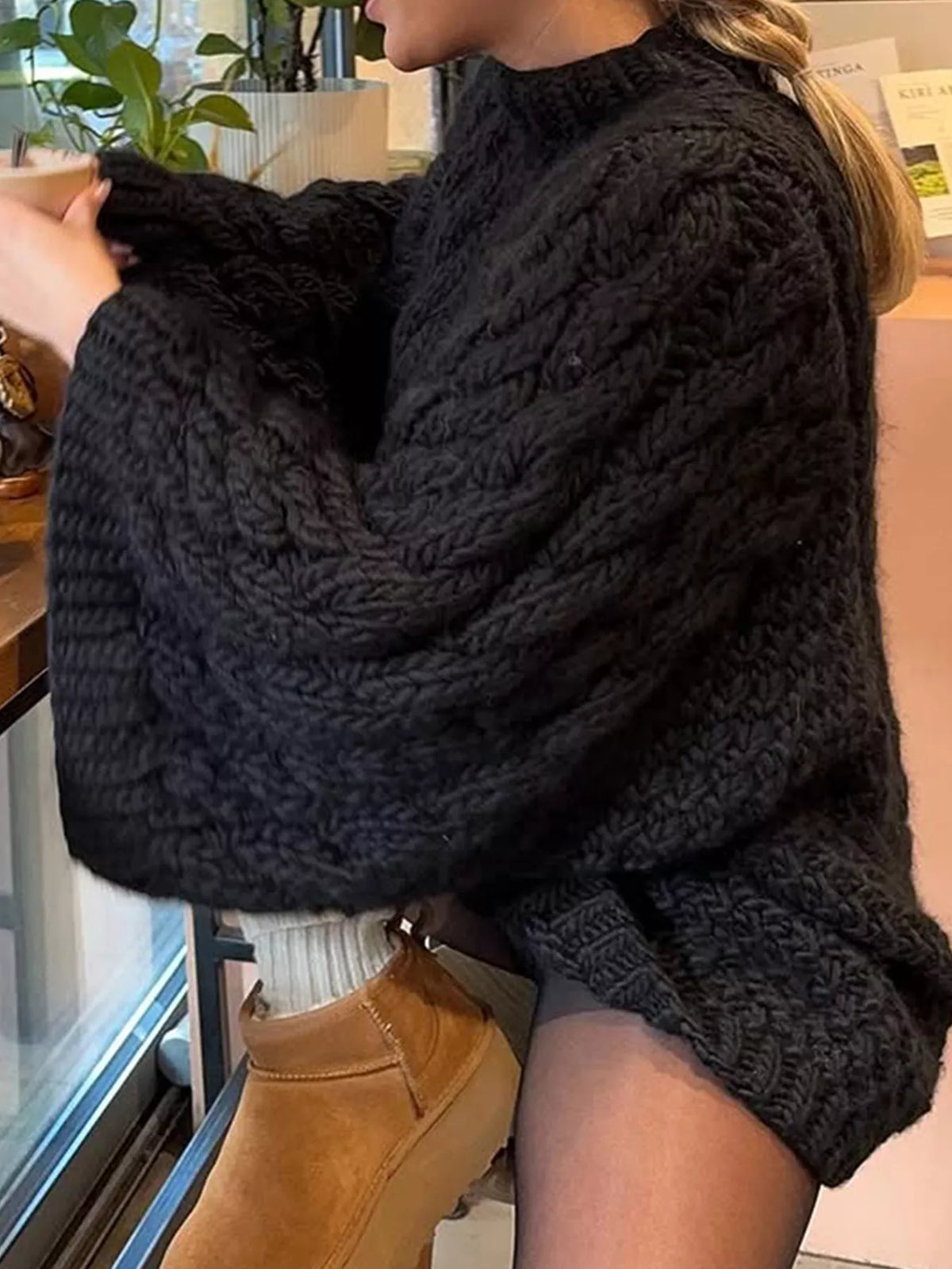 Cable knit round neck sweater, styling look
