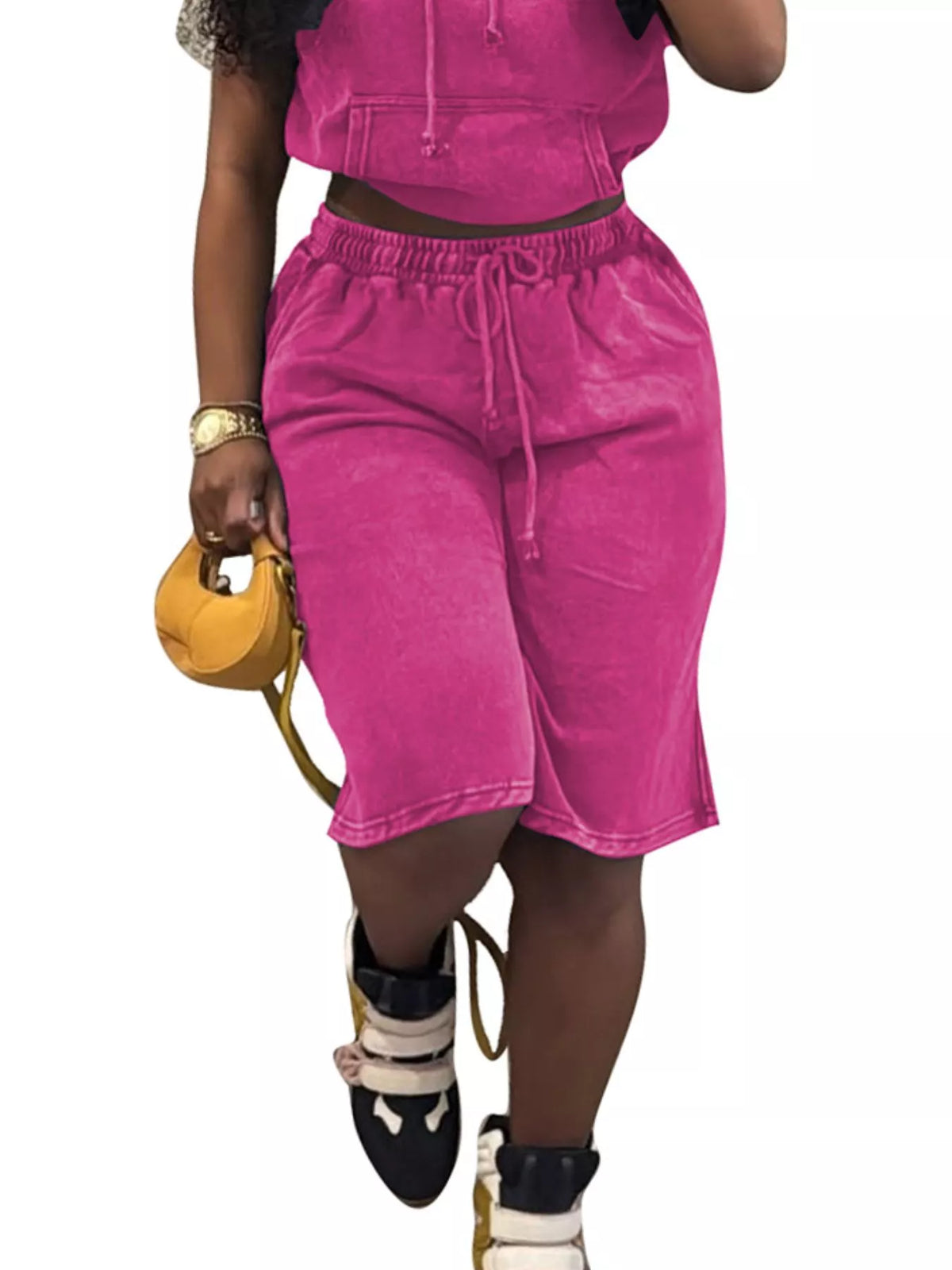 Hooded crop top drawstring shorts detail on matching set