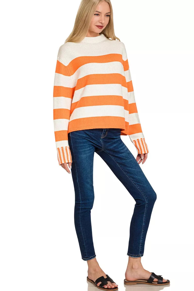 Ribbed Striped Mock Neck Sweater in Orange side view