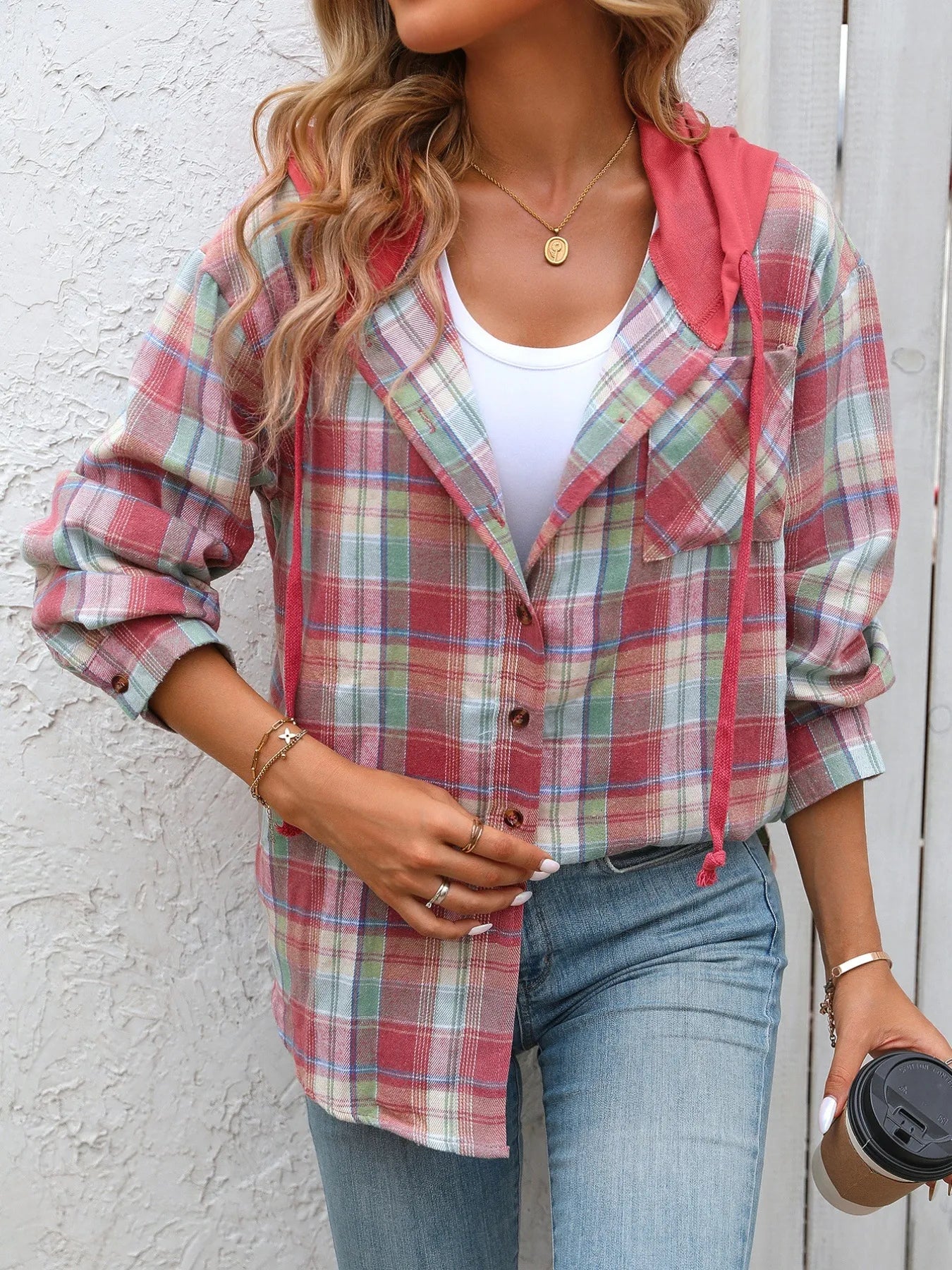 Plaid Button-Up Hooded Shirt Red - Fashorio