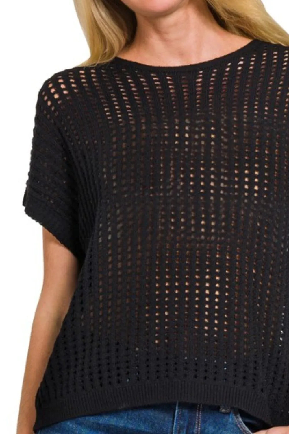 Crochet Knit Sheer Sweater in Black side view