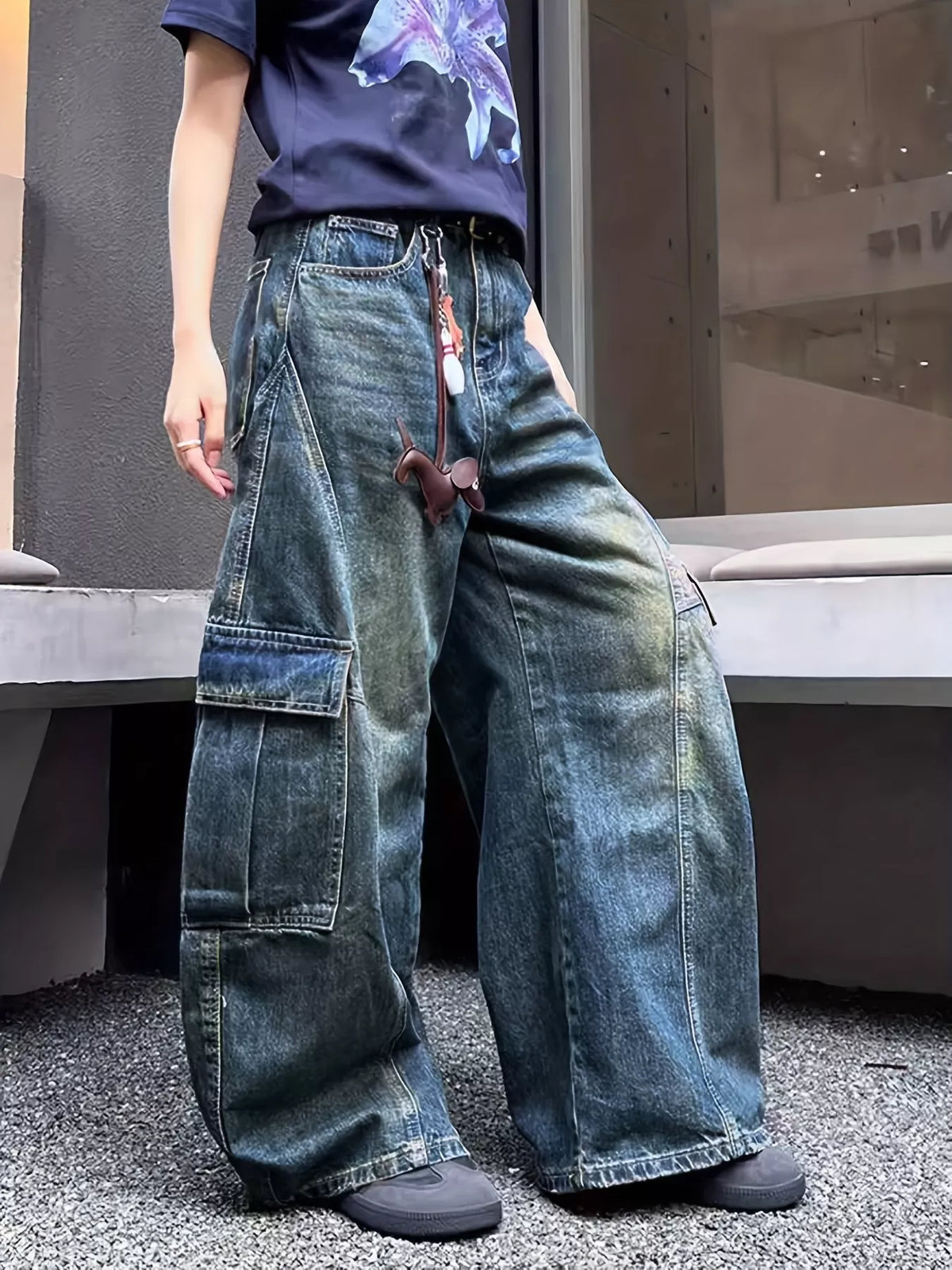 Close up of cargo pocket detail on jeans