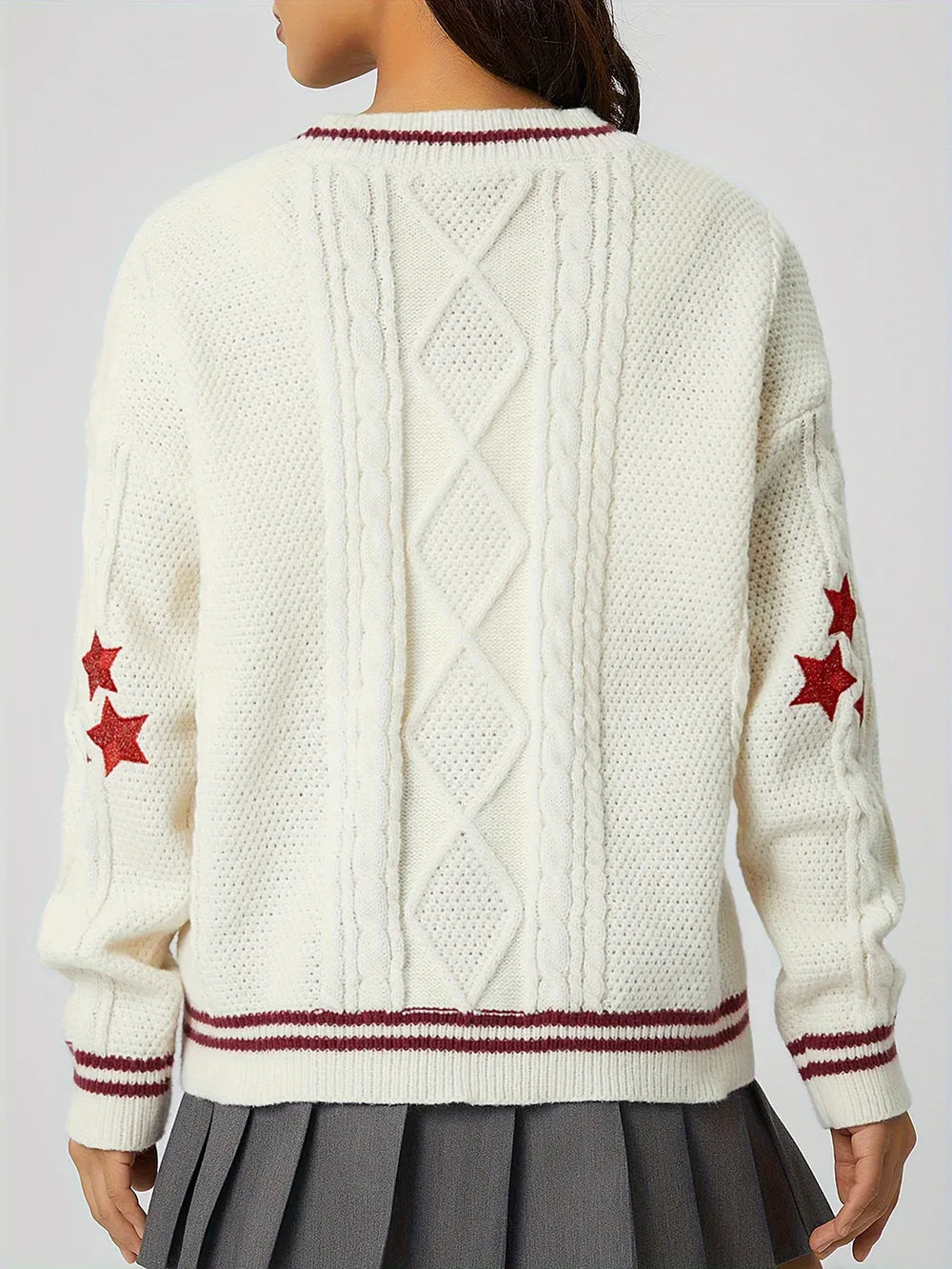 Star Embroidered V-Neck Long Sleeve Cardigan - Fashorio