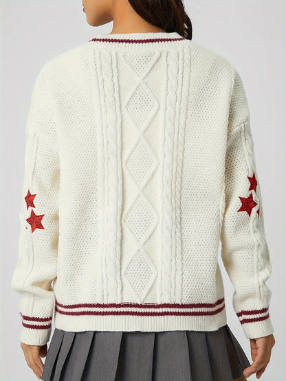 Star Embroidered V-Neck Long Sleeve Cardigan - Fashorio
