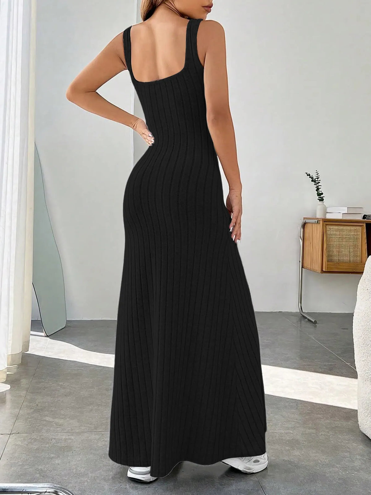 ribbed knit square neck sleeveless maxi dress front view 3