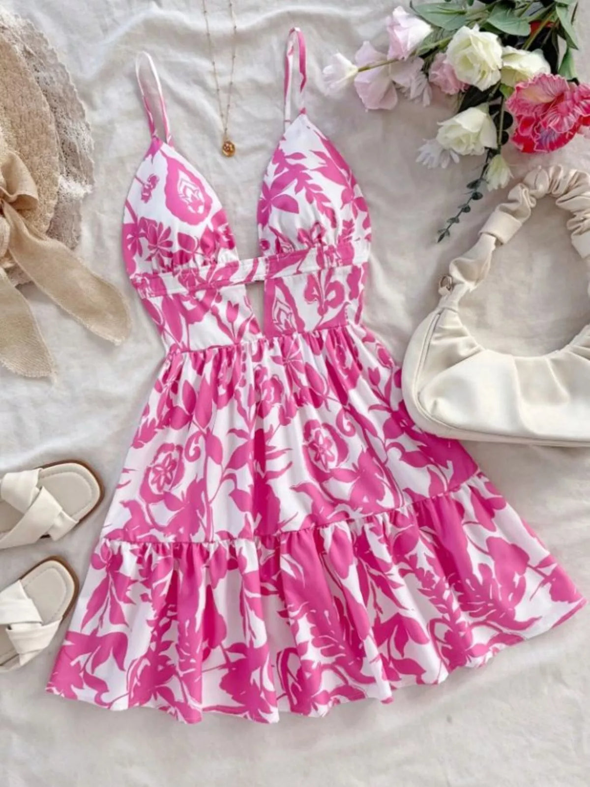 Fuchsia floral cutout mini dress front view
