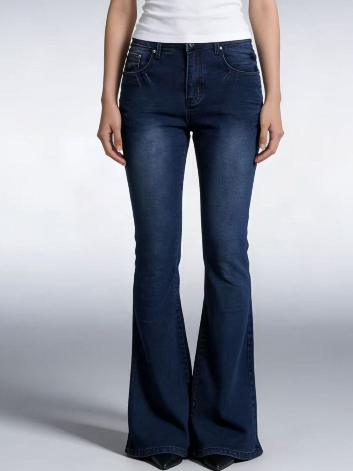 Flare jeans waistband close up