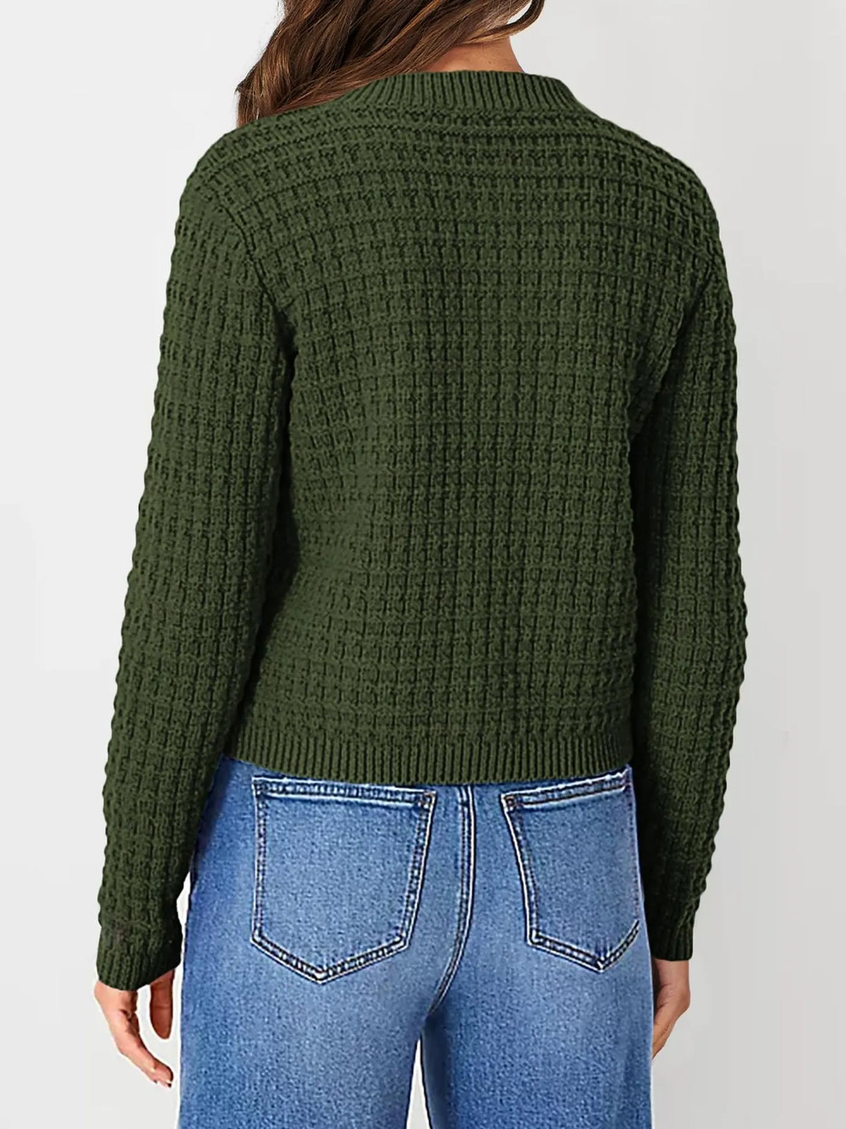 Textured knit button front cardigan, shoulder detail