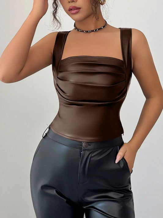 Leather-Look Ruched Tank Coffee Brown - Fashorio