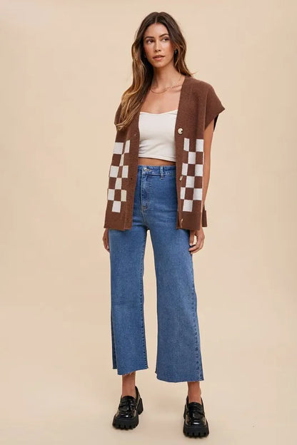 Annie Wear Checkered Button Down Short Sleeve Cardigan - Fashorio