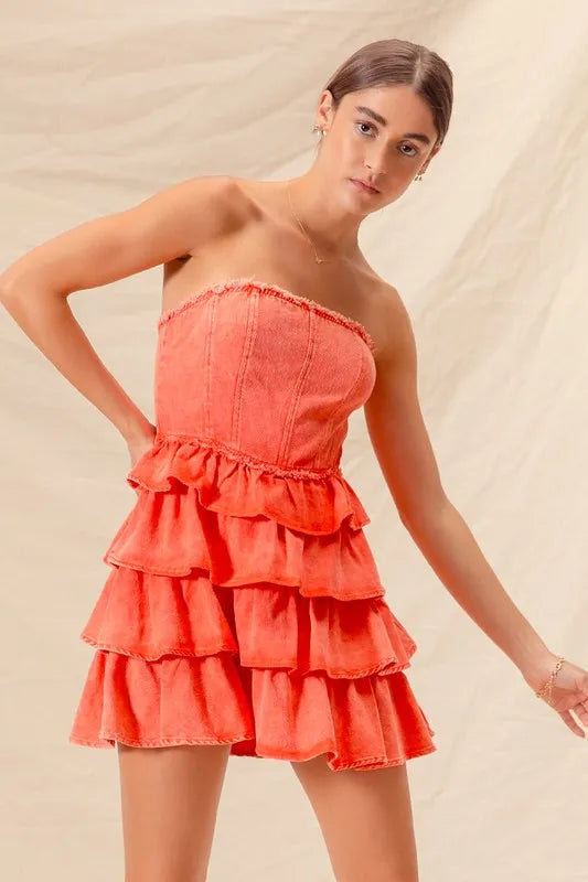 Strapless Ruffle Layered Dress in Orange view 8