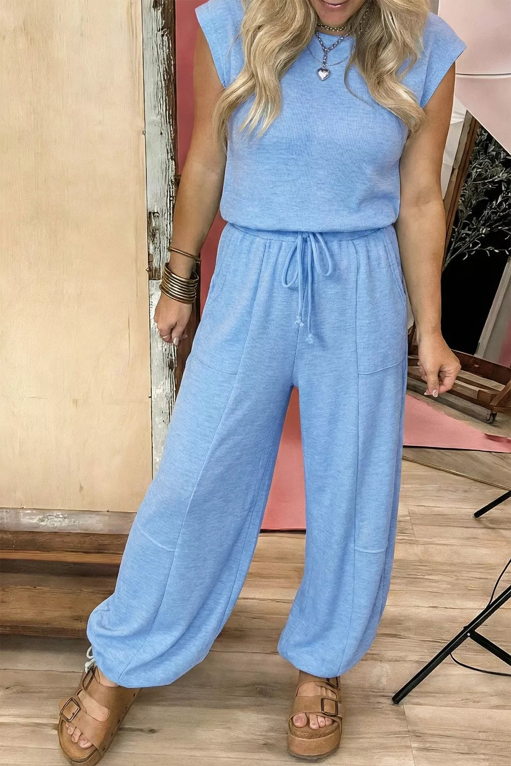 Cap sleeve top and jogger pants set in light blue front view