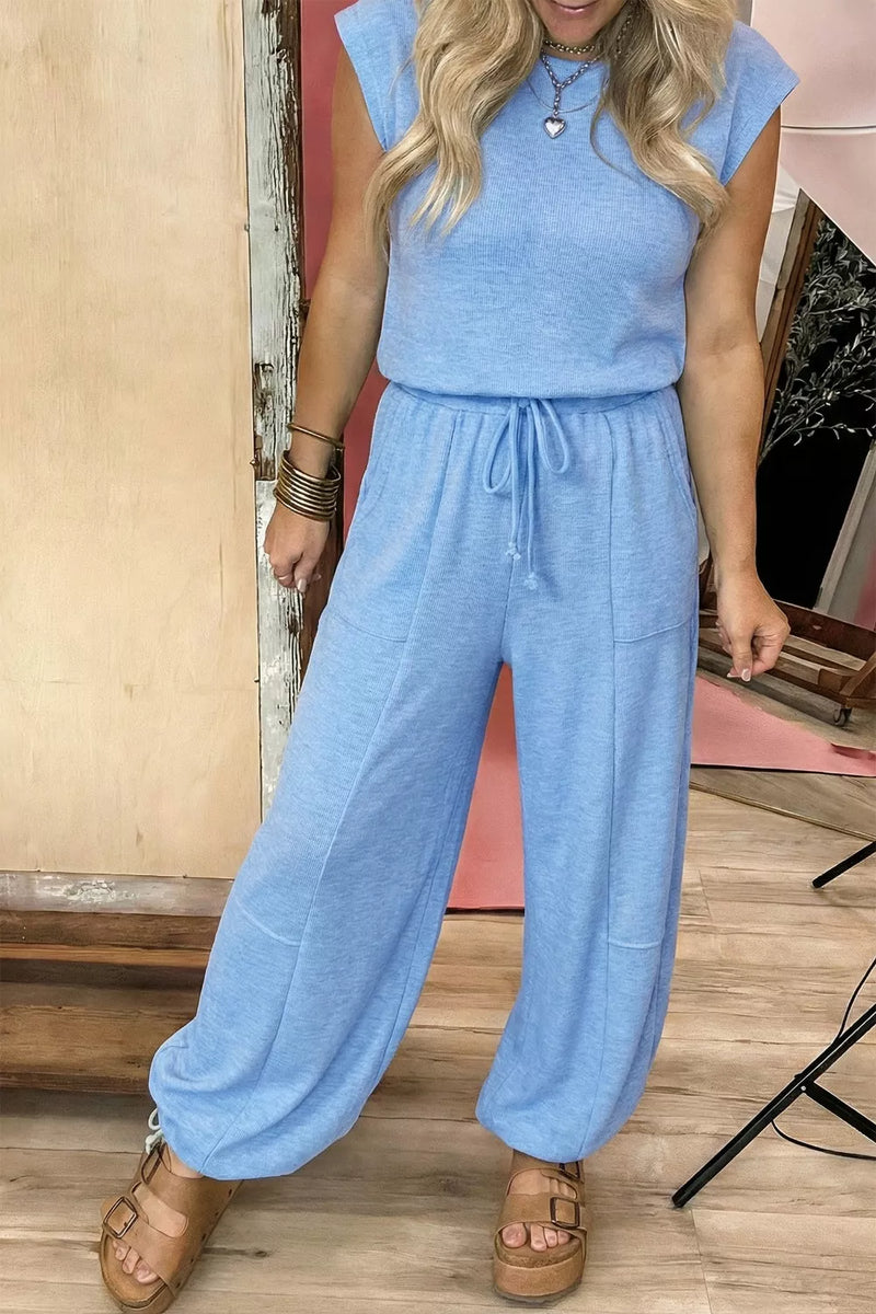 Cap sleeve top and jogger pants set in light blue front view