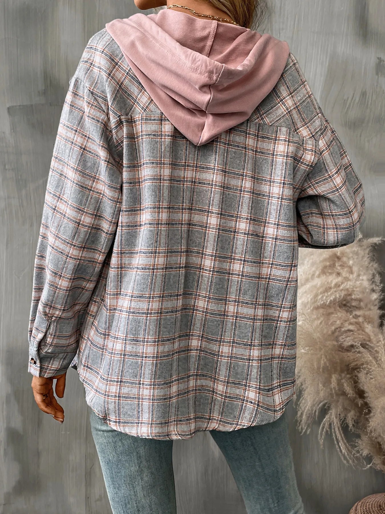 Plaid Button-Up Hooded Shirt - Fashorio