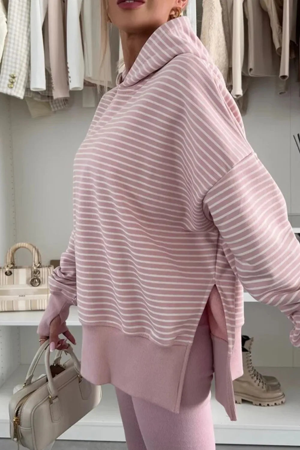 Side Slit Striped Oversized Hoodie - Fashorio