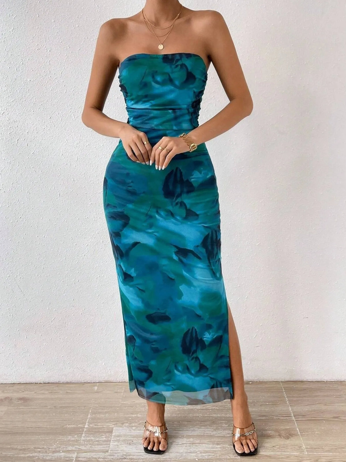 Printed side slit tube maxi dress side view