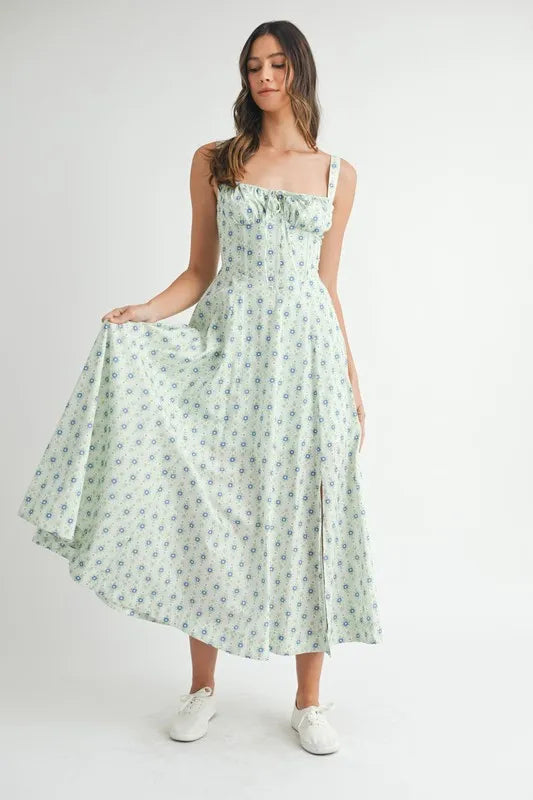 Floral Print Bustier Back Lace Up Midi Dress styled look