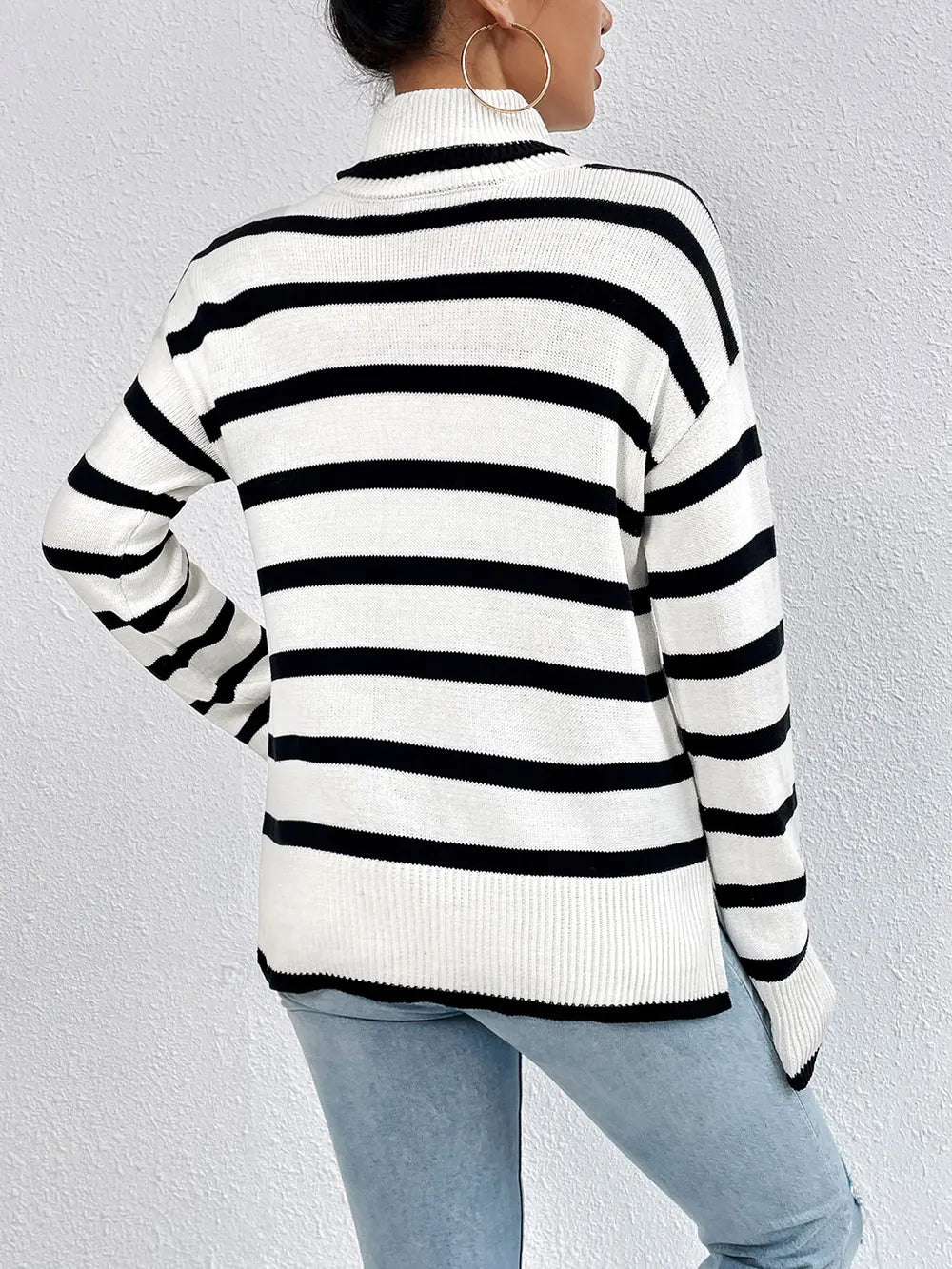 Striped Turtleneck Long Sleeve Sweater - Fashorio