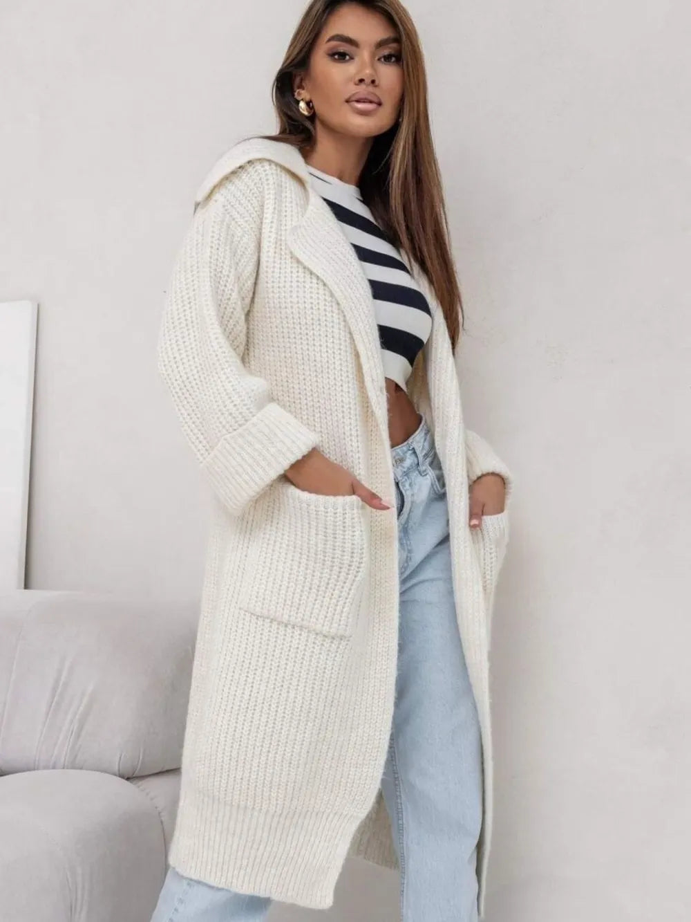 Pocketed Collared Neck Dropped Shoulder Cardigan Cream One Size - Fashorio