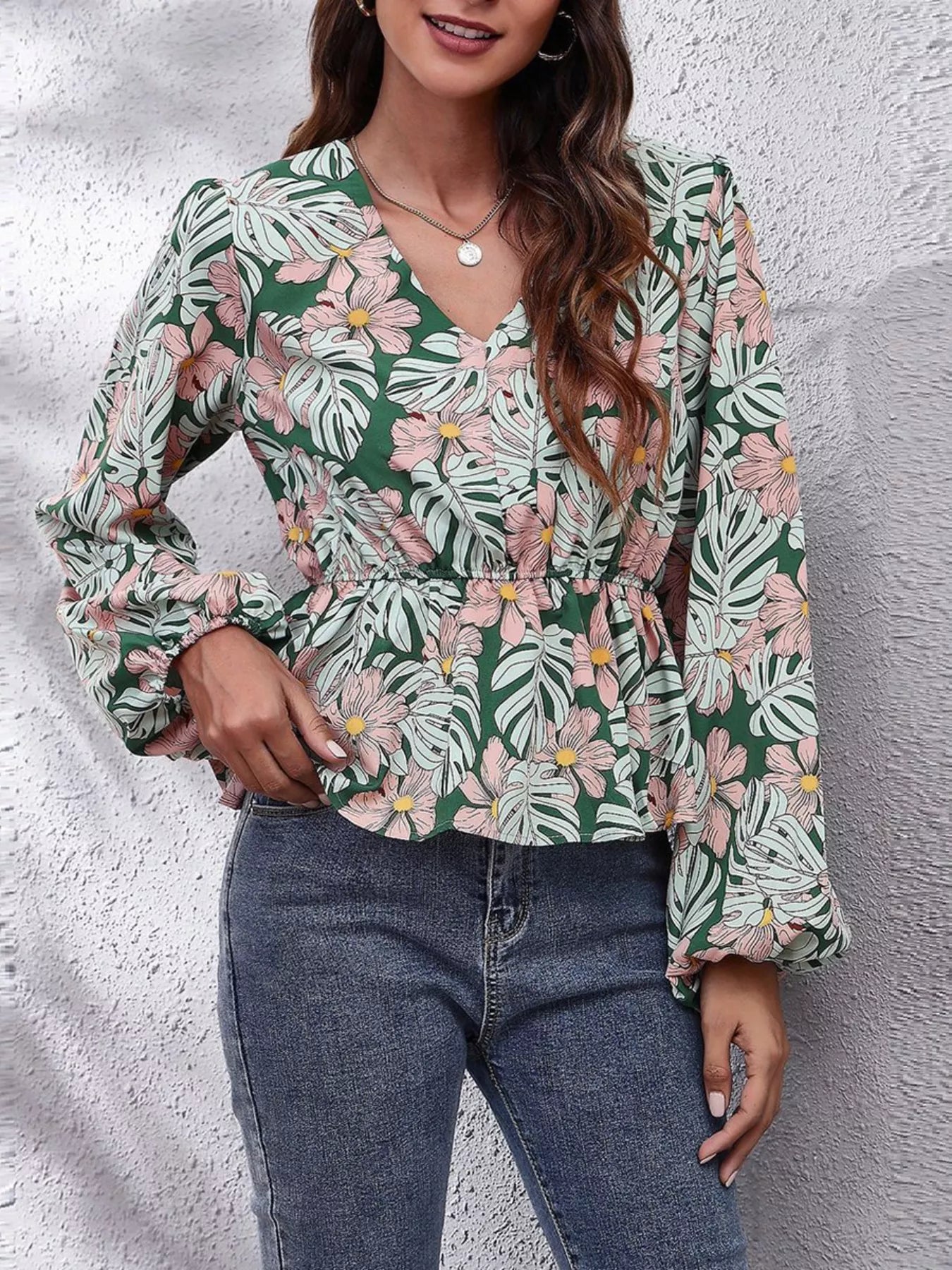 Floral V-Neck Balloon Sleeve Blouse Floral - Fashorio