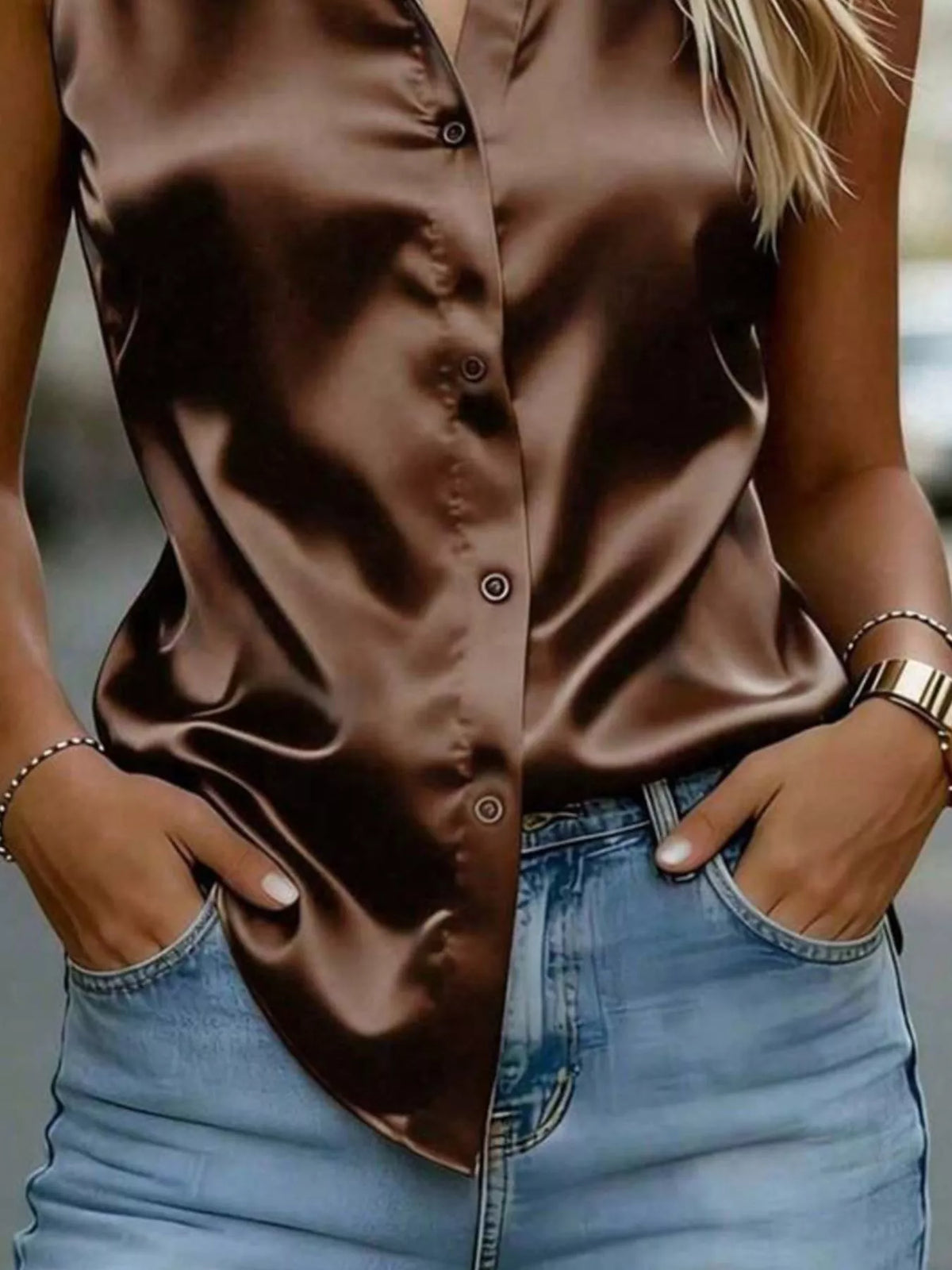 Satin button up sleeveless collared shirt front view