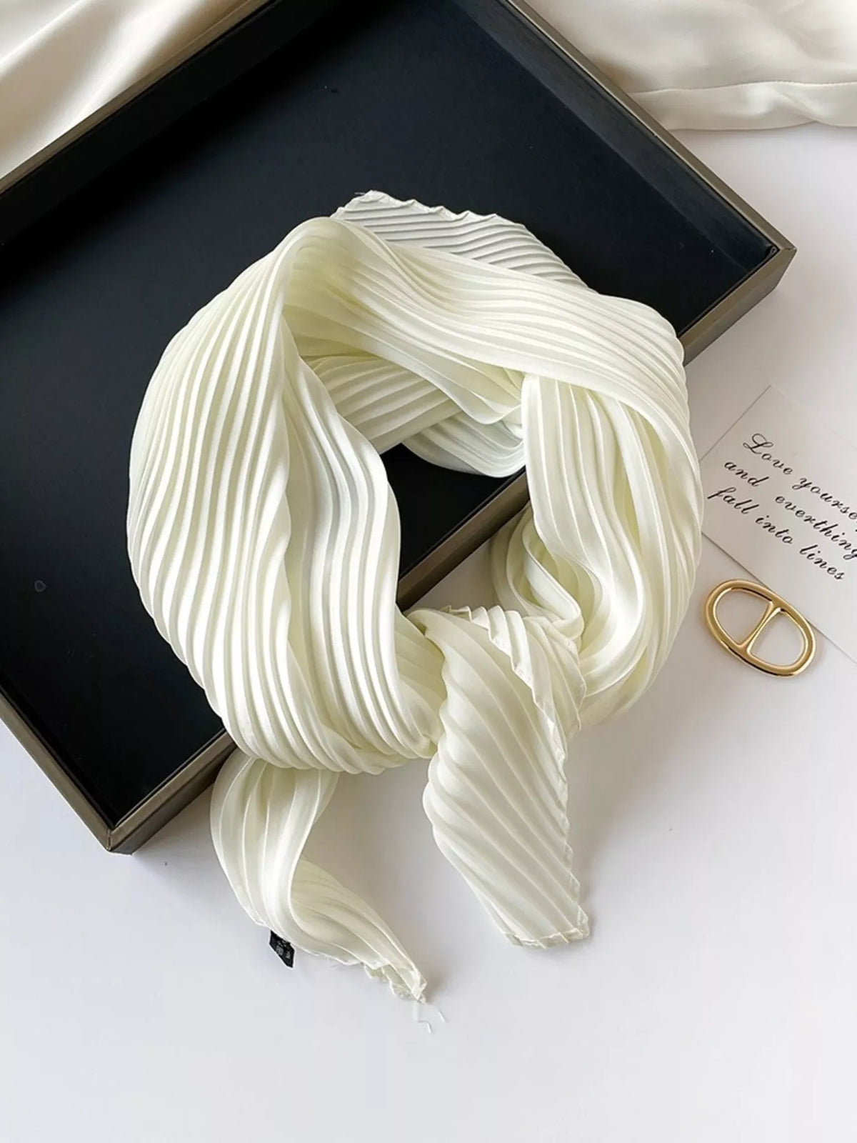 Silky pleated satin scarf shown in yellow