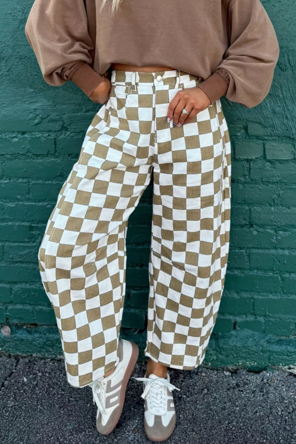Khaki checkered barrel leg denim pants front view