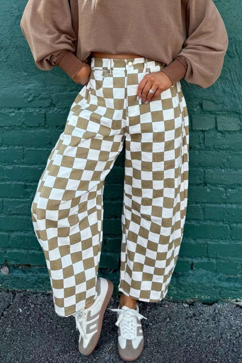 Khaki checkered barrel leg denim pants front view