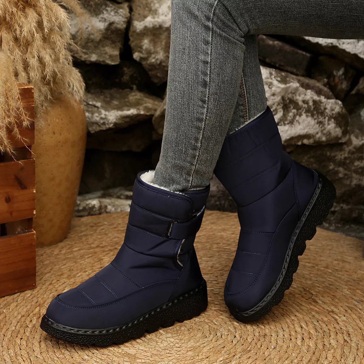 Round toe faux leather platform boots angled view