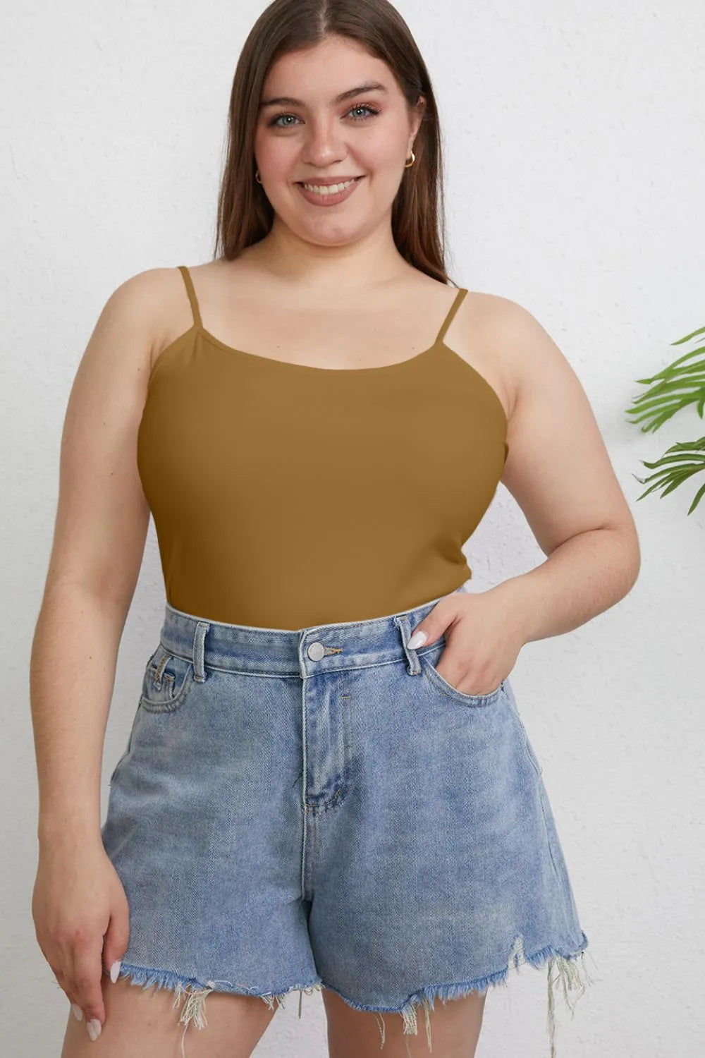 Basic Bae round neck slim cami front view on model