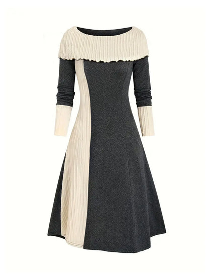 Color Block Ribbed Sweater Dress Dark Gray - Fashorio