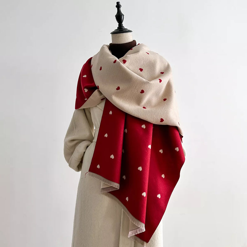 Heart patterned raw hem winter scarf in deep red