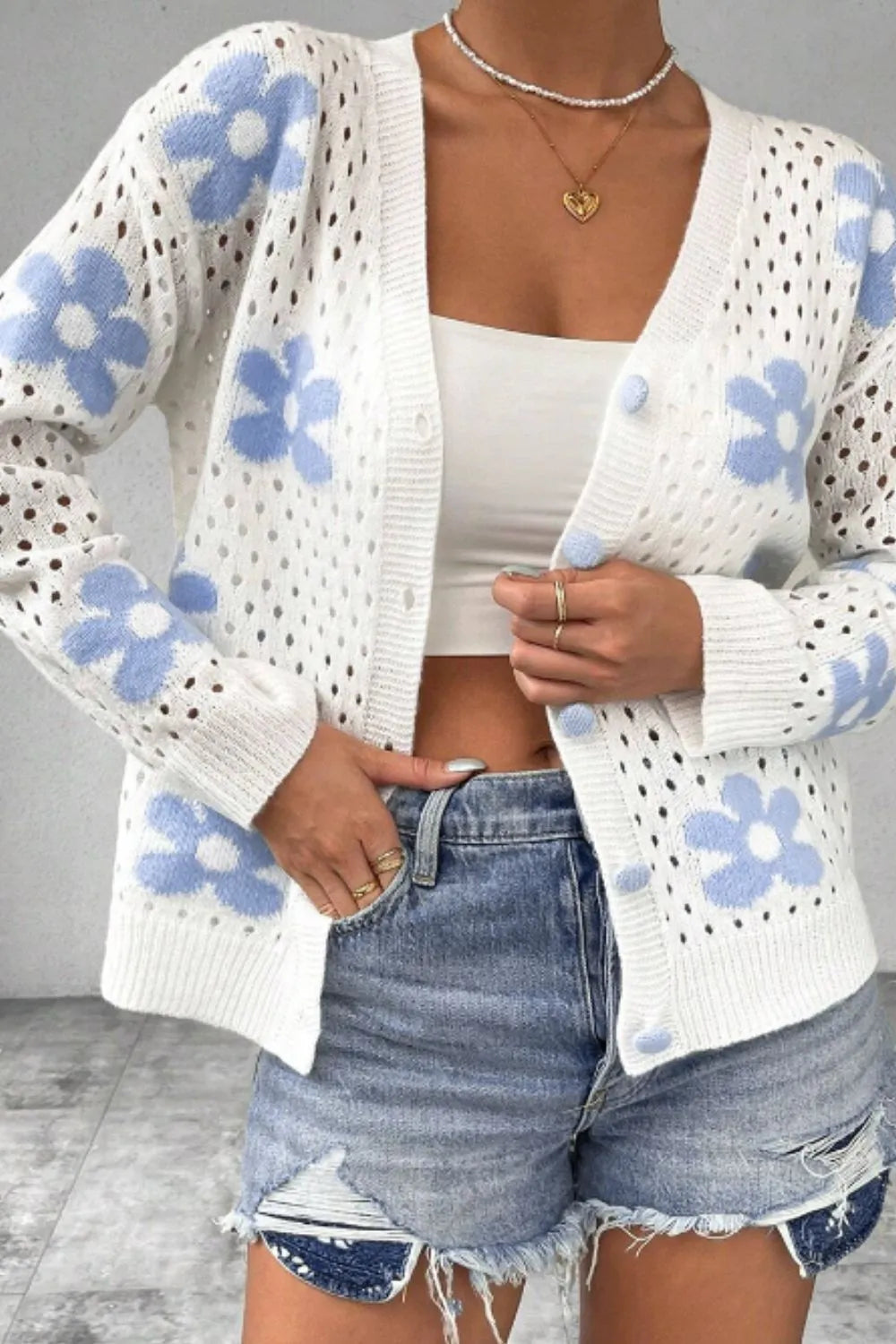 Flower Hollowed Out Button Down Long Sleeve Cardigan - Fashorio