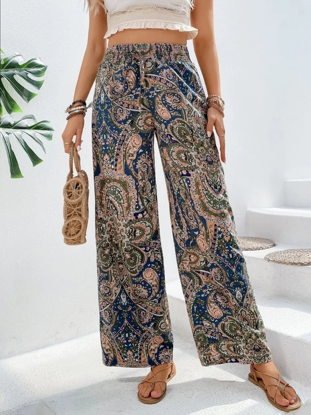 Printed tie waist wide leg pants dark green colorway