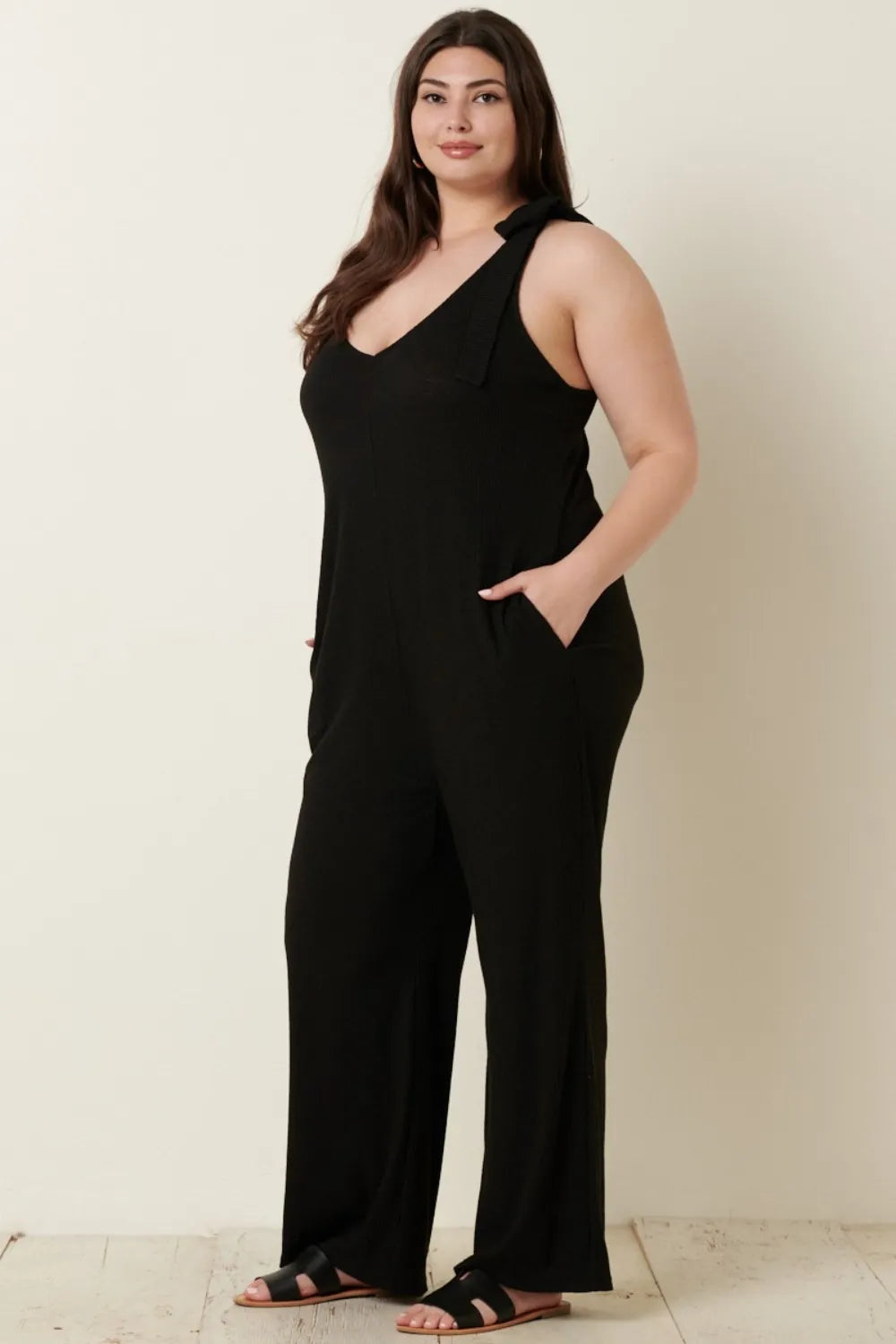 Rib Knit V Neck Cross Back Jumpsuit on model