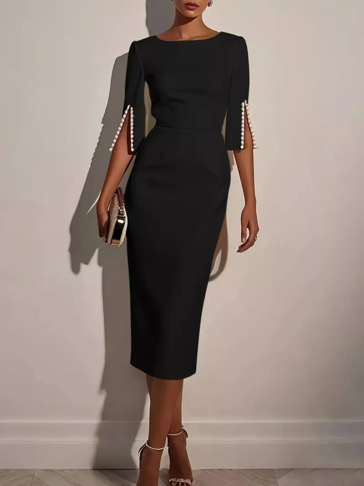 beaded slit sleeve midi dress skirt and hem detail