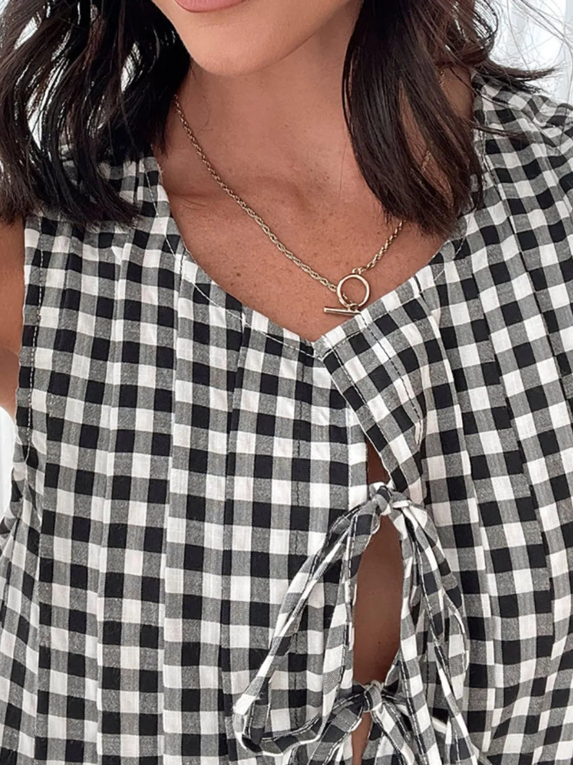 Plaid Tie Front Sleeveless Dress in Black view 7