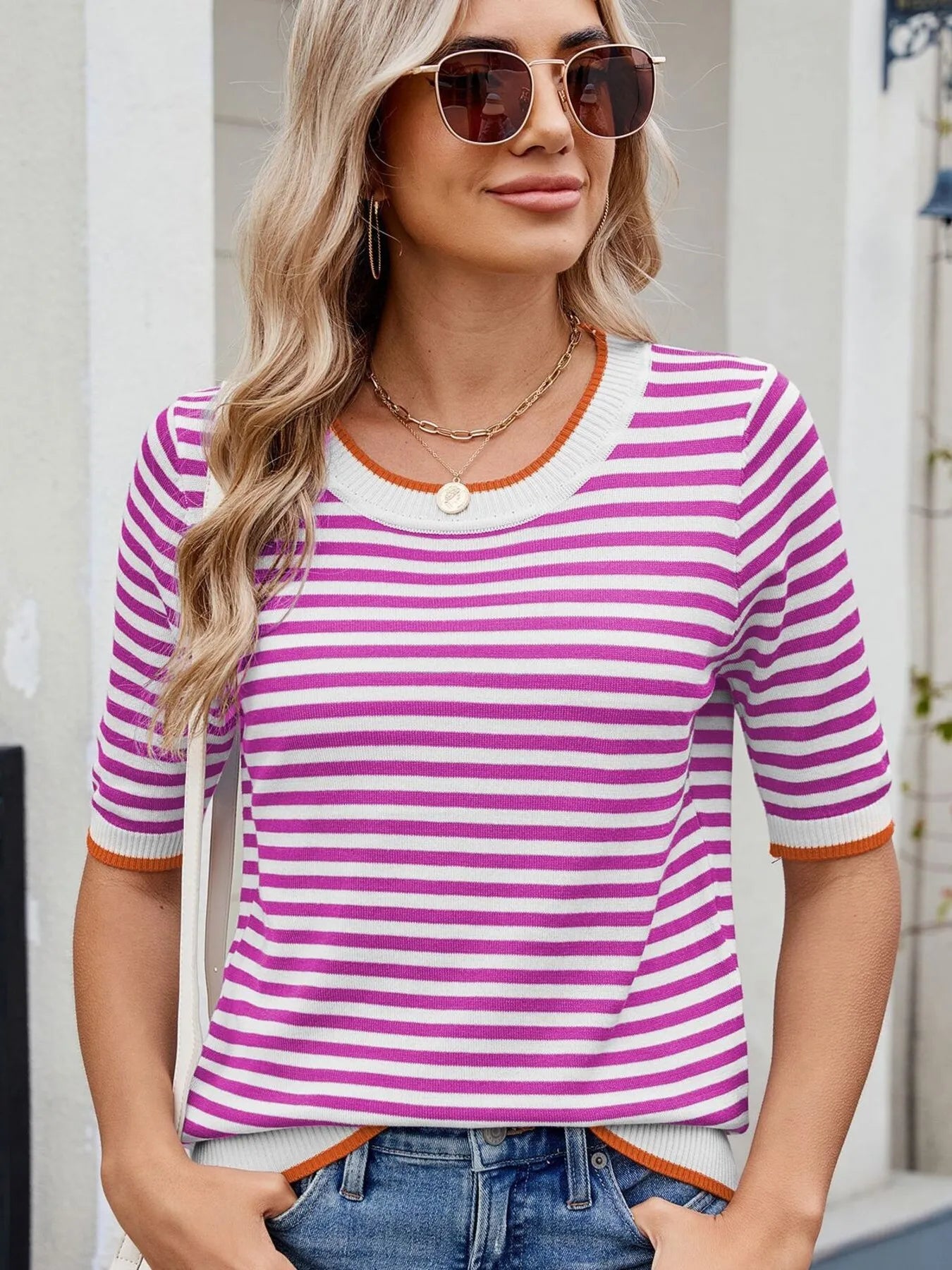 Striped Casual T-Shirt with Contrast Trim - Fashorio