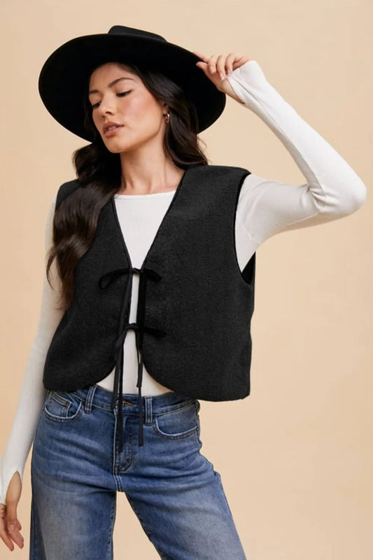 Annie Wear V-Neck Tie Detail Vest Coat Black - Fashorio