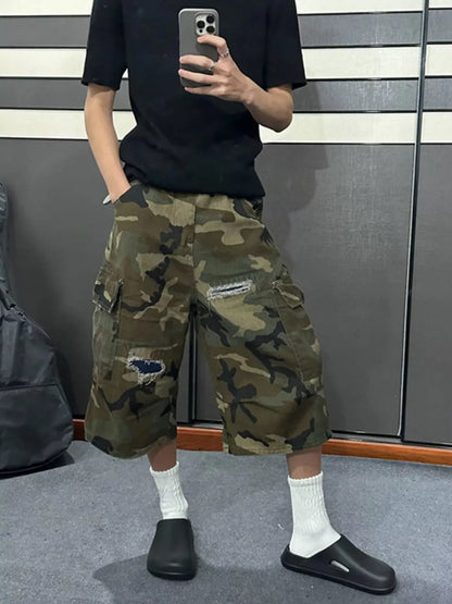 Men's Full Size Camouflage Cargo Denim Shorts with Distressed Details Plus Size Green Camouflage - Fashorio
