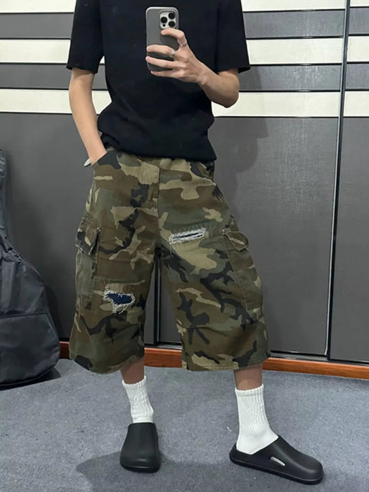 Men's Full Size Camouflage Cargo Denim Shorts with Distressed Details Plus Size Green Camouflage - Fashorio