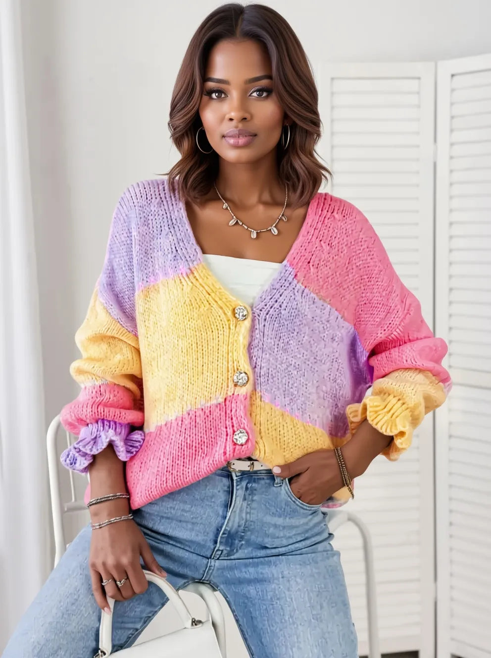 Color Block V-Neck Cardigan - Fashorio