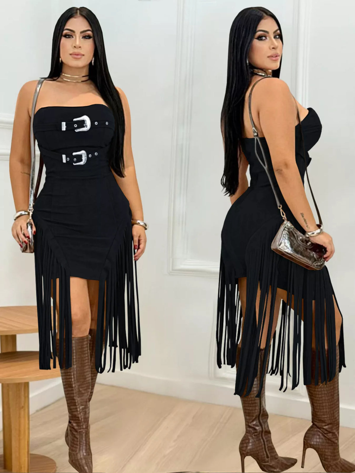 Fringe hem buckle detail bodycon mini dress side view