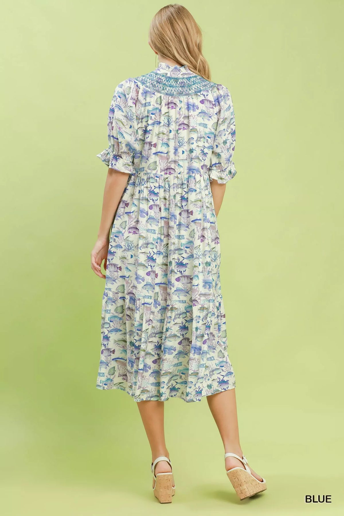 Blue printed tiered midi dress side view