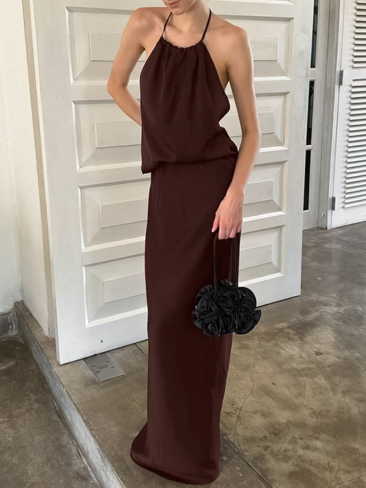 brown backless halter neck maxi dress front view