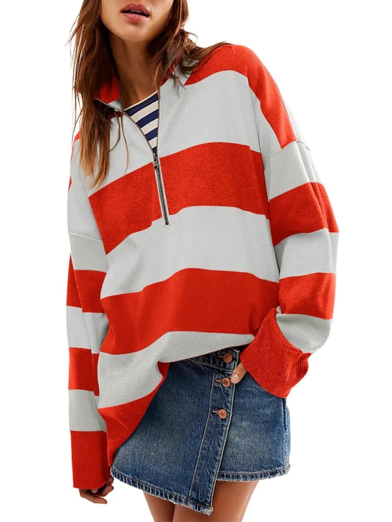 Striped Half-Zip Oversized Sweatshirt - Fashorio
