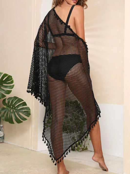 Tassel Openwork Open Front Cover-Up Black One Size - Fashorio