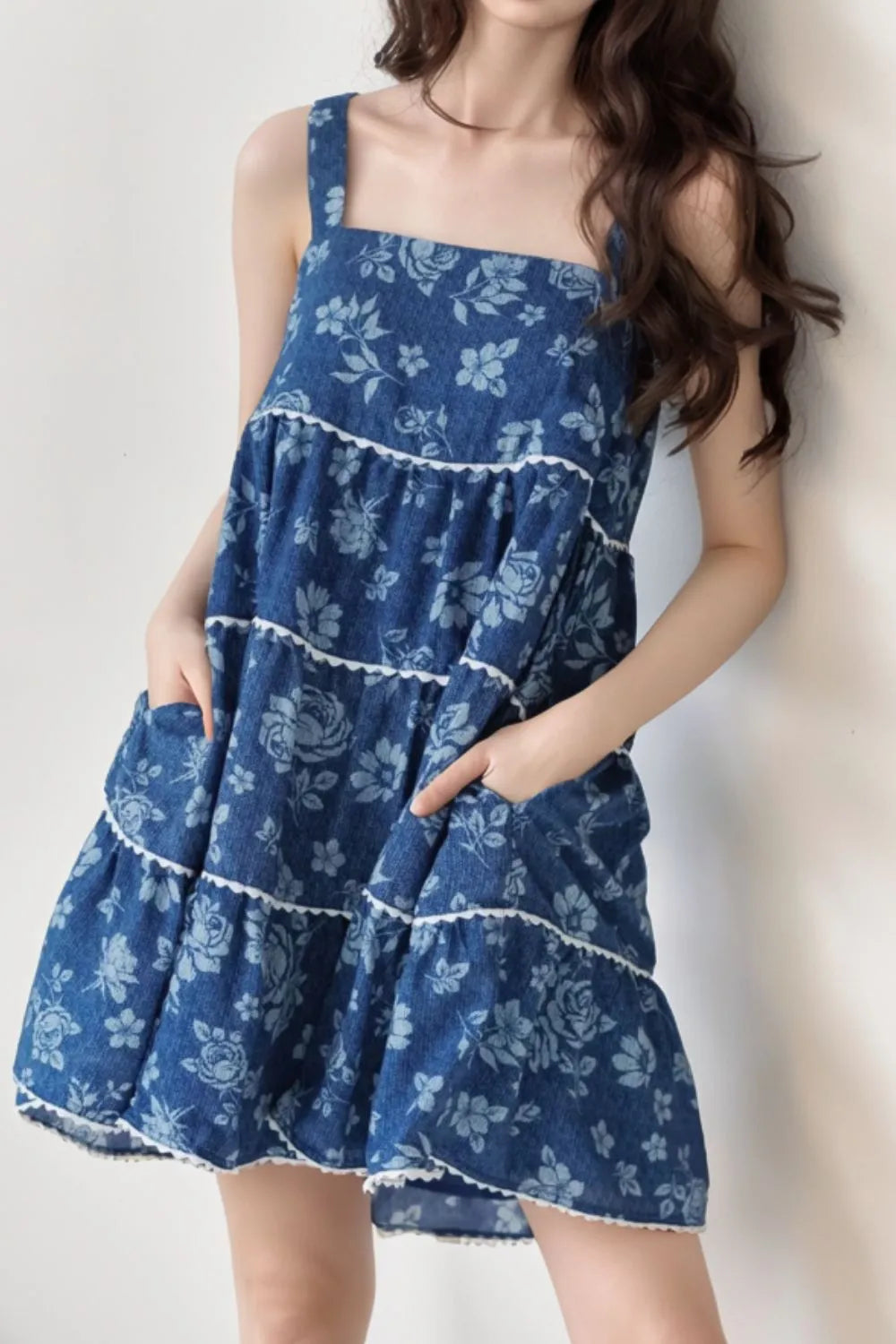 Floral tiered denim dress back view