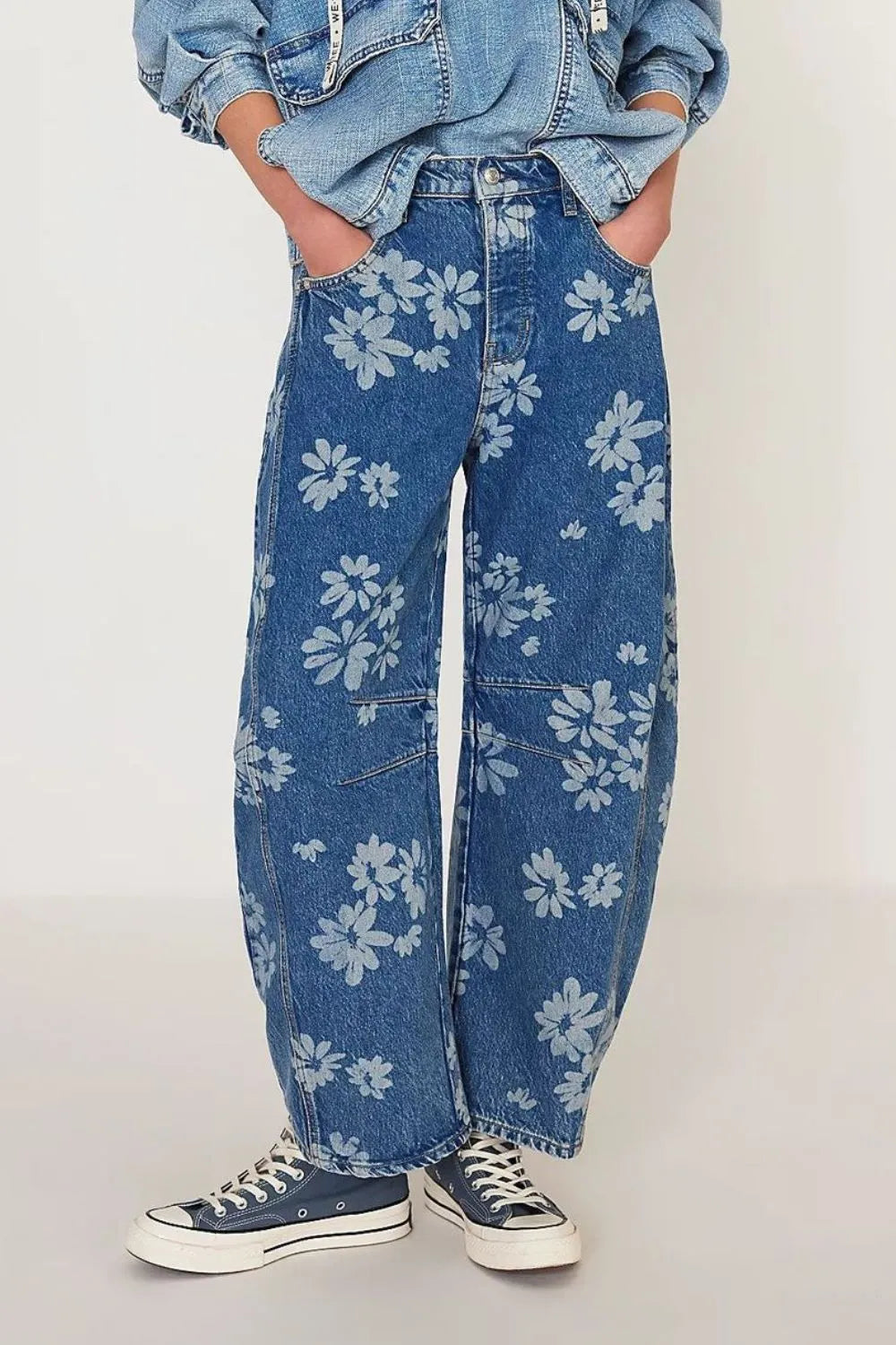 Floral print wide leg jeans front view